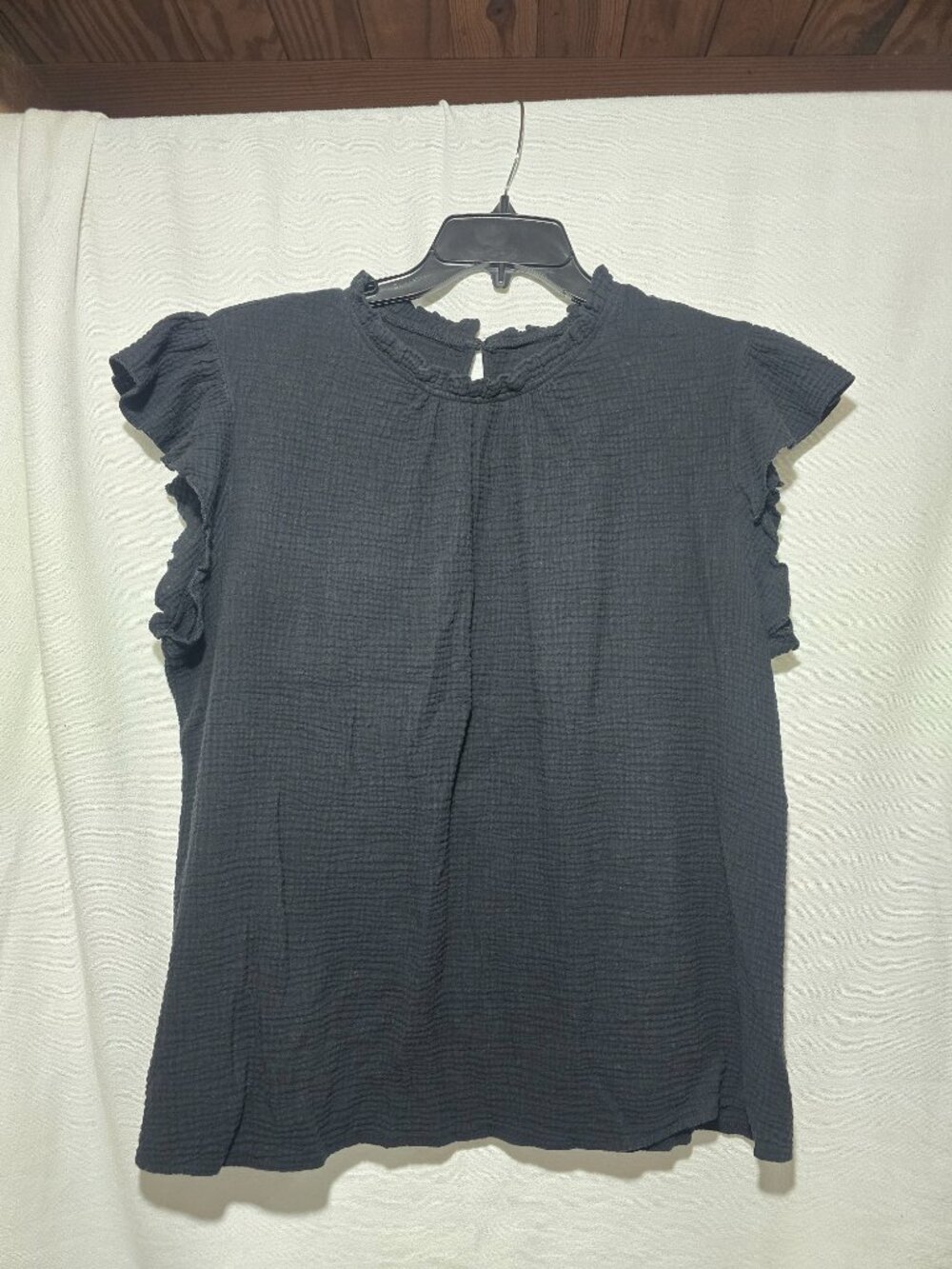 Black Double Gauze Ruffle Flutter Sleeve Top Women's Size 2XL 100% Cotton